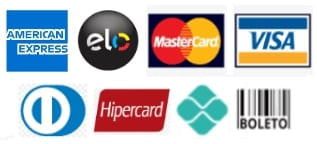Visa, Master Card, Dinners, American Express, Hipercard, Elo, Pix e Boleto
